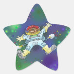 Cartoon illustration, of a space gnome, sticker. star sticker