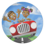 Cartoon Kids Driving Car Dinner Plate
