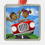Cartoon Kids Driving Car Metal Ornament
