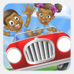 Cartoon Kids Driving Car Square Sticker
