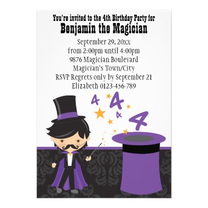 Cartoon Magician with Magic Hat 4th Birthday Announcement