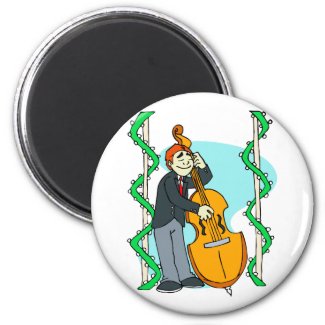 Cartoon man playing upright bass by backdrop magnet