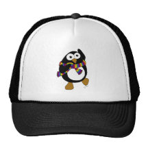 Cartoon penguin wearing a colorful rainbow scarf. mesh hats