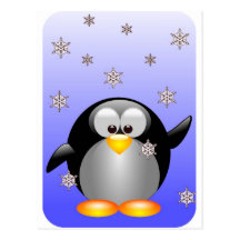 Cartoon Penguin with Snowflakes Post Cards