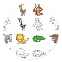 Cartoon Safari Animal Illustrations Round Stickers