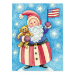 Cartoon Santa Claus American Flag Teddy Bear Post Card
