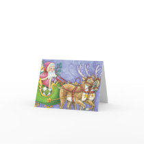 Cartoon Santa Claus Reindeer Pulling Sleigh Cards