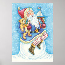 Cartoon Santa Claus Sitting Snowball Holding Toys Posters