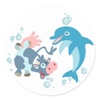 Cartoon Seacow and Dolphin sticker sticker