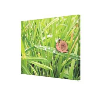 Cartoon Snail on Dewy Grass Photo Canvas Print
