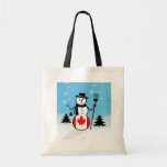 Cartoon Snowman in Field of Snow and Canada Flag Canvas Bags