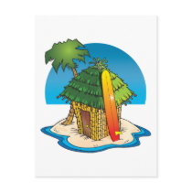 Cartoon Tiki Hut with Surfboard and Palm postcards
