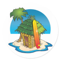 Cartoon Tiki Hut with Surfboard and Palm stickers