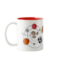 Cartoon toddler boy dreaming of sport's balls mugs
