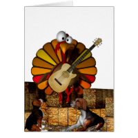 Cartoon turkey on hay with guitar and beagles cards