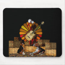Cartoon turkey on hay with guitar and beagles mouse pad