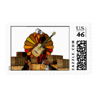 Cartoon turkey on hay with guitar and beagles stamp