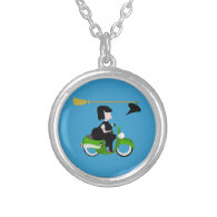 Cartoon Witch Riding A Green Moped Custom Jewelry