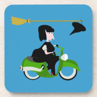 Cartoon Witch Riding A Green Moped Drink Coasters