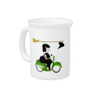 Cartoon Witch Riding A Green Moped Drink Pitcher