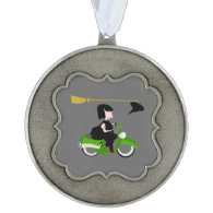 Cartoon Witch Riding A Green Moped Scalloped Pewter Ornament