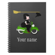 Cartoon Witch Riding A Green Moped Spiral Note Book