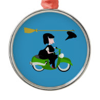 Cartoon Witch Riding A Green Moped Christmas Ornaments