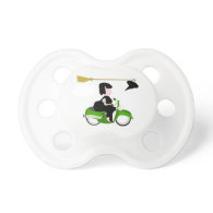 Cartoon Witch Riding A Green Moped Pacifiers