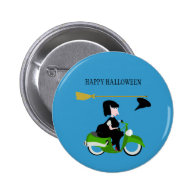 Cartoon Witch Riding A Green Moped Pinback Buttons