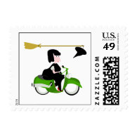Cartoon Witch Riding A Green Moped Postage Stamps