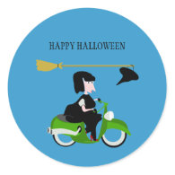 Cartoon Witch Riding A Green Moped Round Sticker