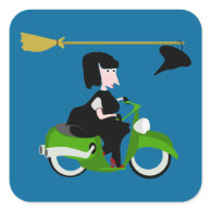Cartoon Witch Riding A Green Moped Square Sticker