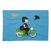 Cartoon Witch Riding A Green Moped Towels