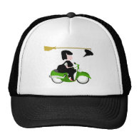 Cartoon Witch Riding A Green Moped Trucker Hats