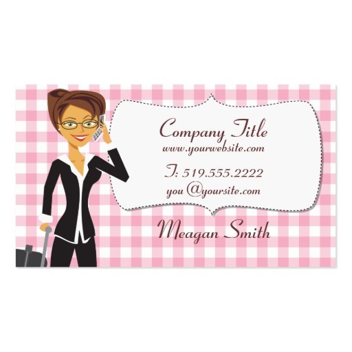 Cartoon Woman on Customizable Pink Gingham Card Business Cards (front side)