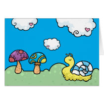 Cartoon yellow snail and mushrooms cards