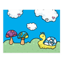 Cartoon yellow snail and mushrooms postcards