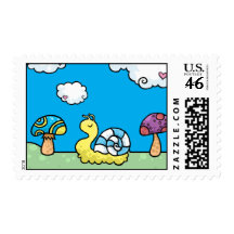 Cartoon yellow snail and mushrooms stamps