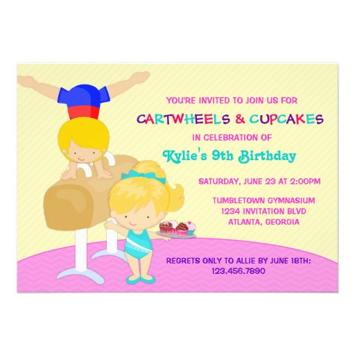 Cartwheels and Cupcakes Gymnastics Birthday Party Personalized Invitation (front side)