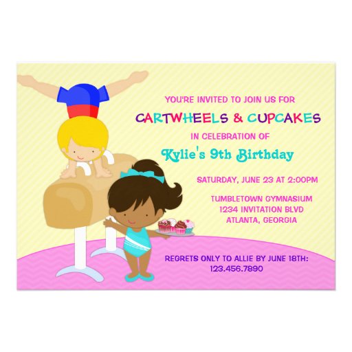 Cartwheels and Cupcakes Gymnastics Birthday Party Personalized Invitations