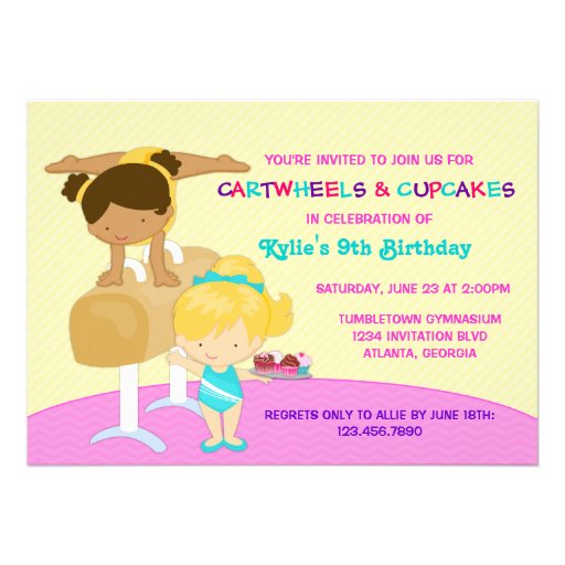 Cartwheels and Cupcakes Gymnastics Birthday Party Invitations