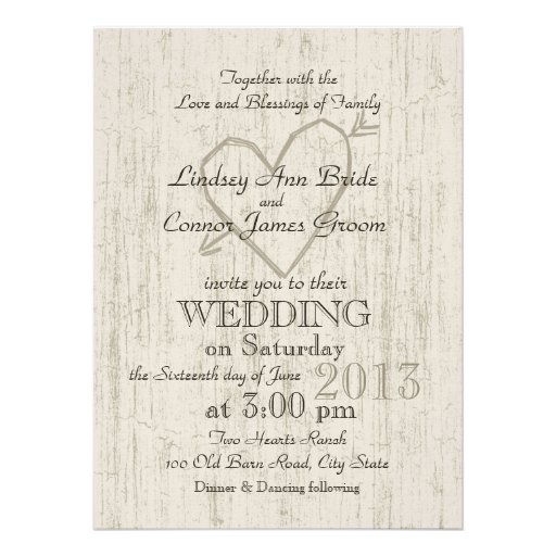 Carved Heart Wood Look Wedding Invite