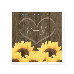 CARVED INITIALS INSIDE HEART RUSTIC SUNFLOWER STANDARD COCKTAIL NAPKIN
