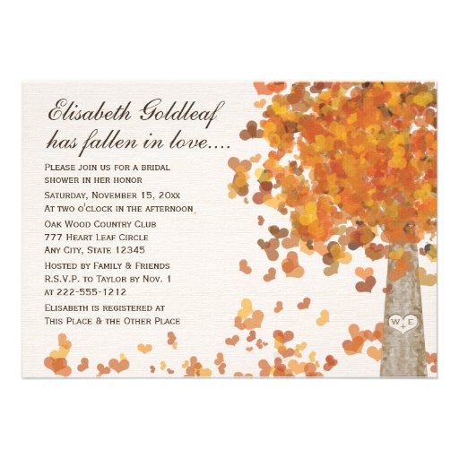 Carved Initials Tree Fall Bridal Shower Invitation (front side)