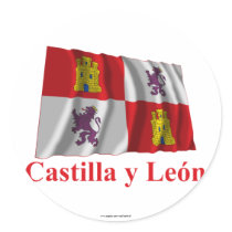Castilla y León waving flag with name Round Stickers