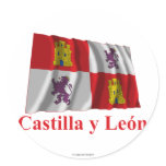 Castilla y León waving flag with name Round Stickers
