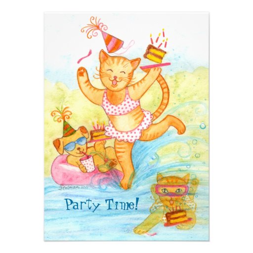 Cat 5th Birthday Pool Party Custom Invite (front side)