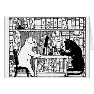 Cat and Dog in the Library Greeting Cards