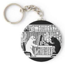 Cat and Dog in the Library Keychains