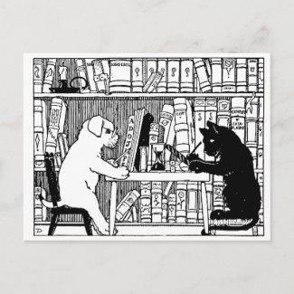 Cat and Dog in the Library zazzle_postcard